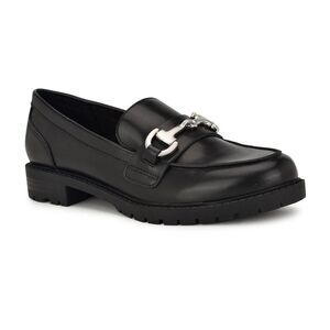 Nine West Chunky Lug Sole Metal Chain Faux Black Leather Platform Loafers US 7